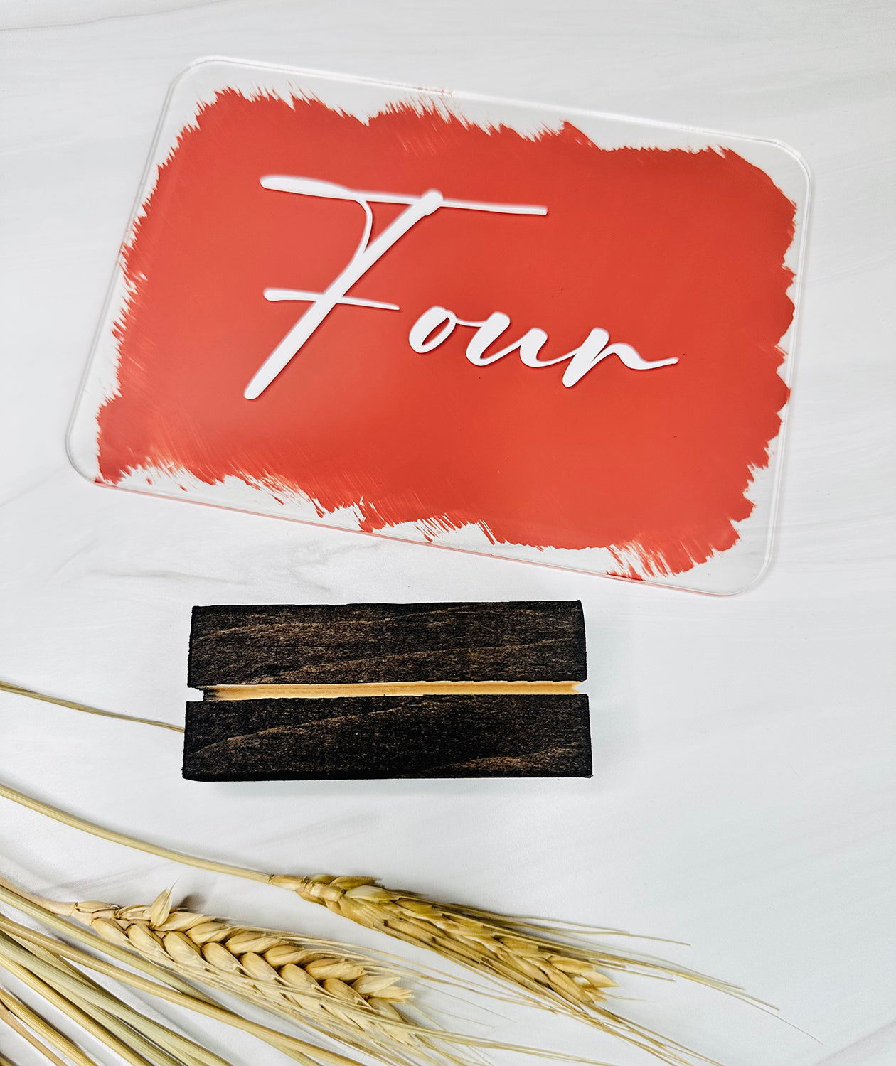 Clear Acrylic Custom Painted Table Number with Wood Base