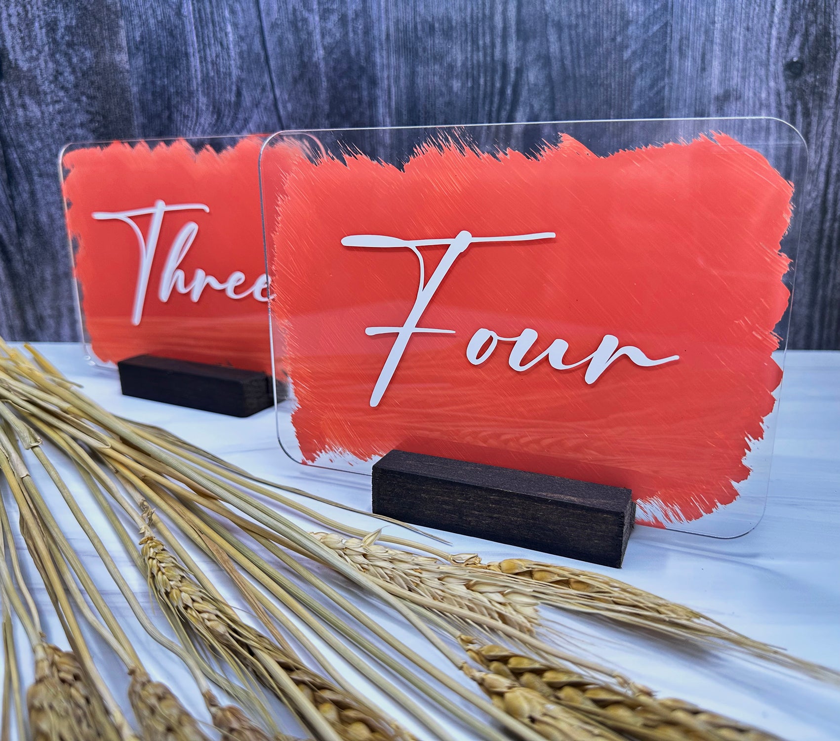Clear Acrylic Custom Painted Table Number with Wood Base