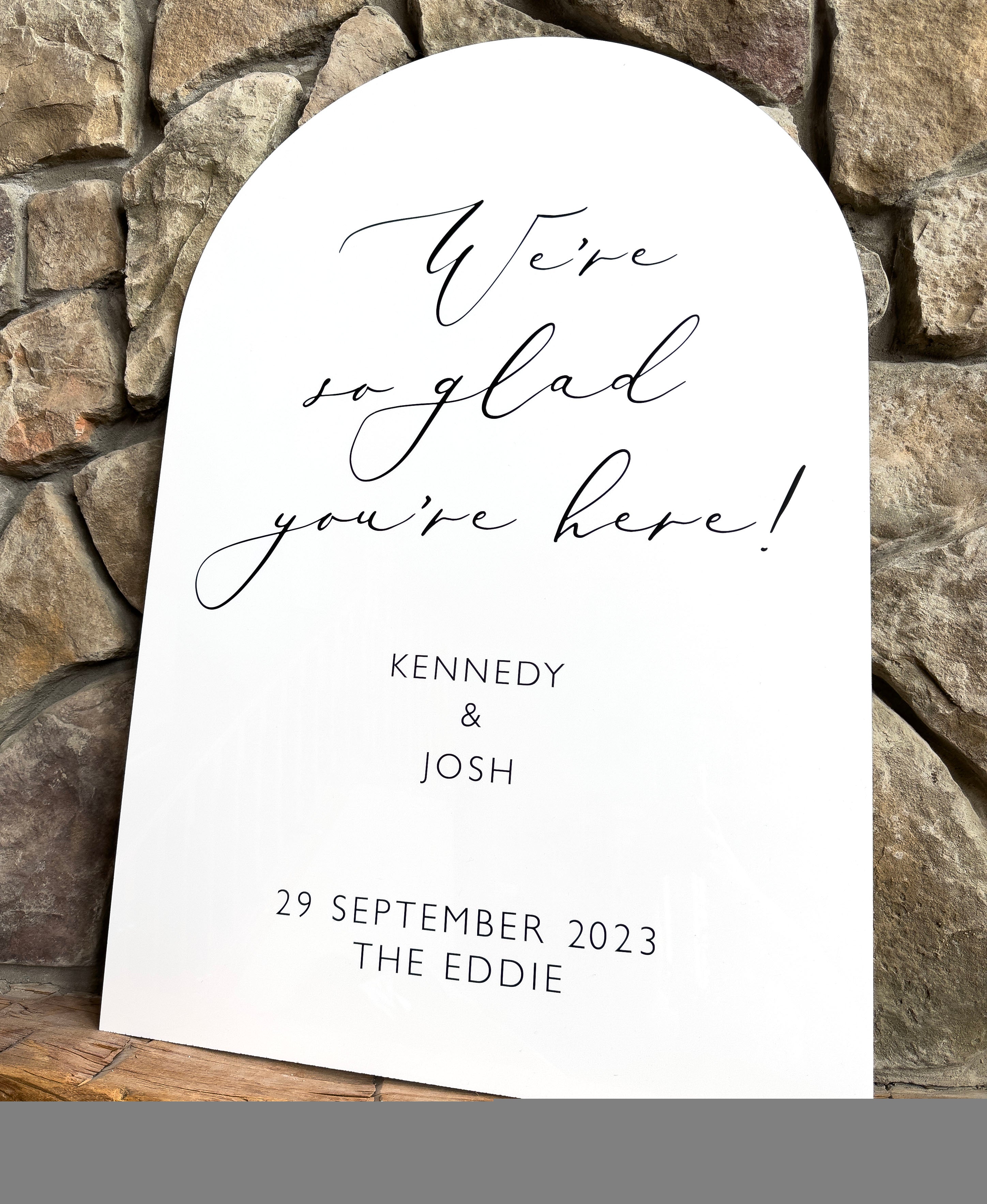🤍 The Kennedy Collection — Arched Acrylic We're So Glad You're Here Sign