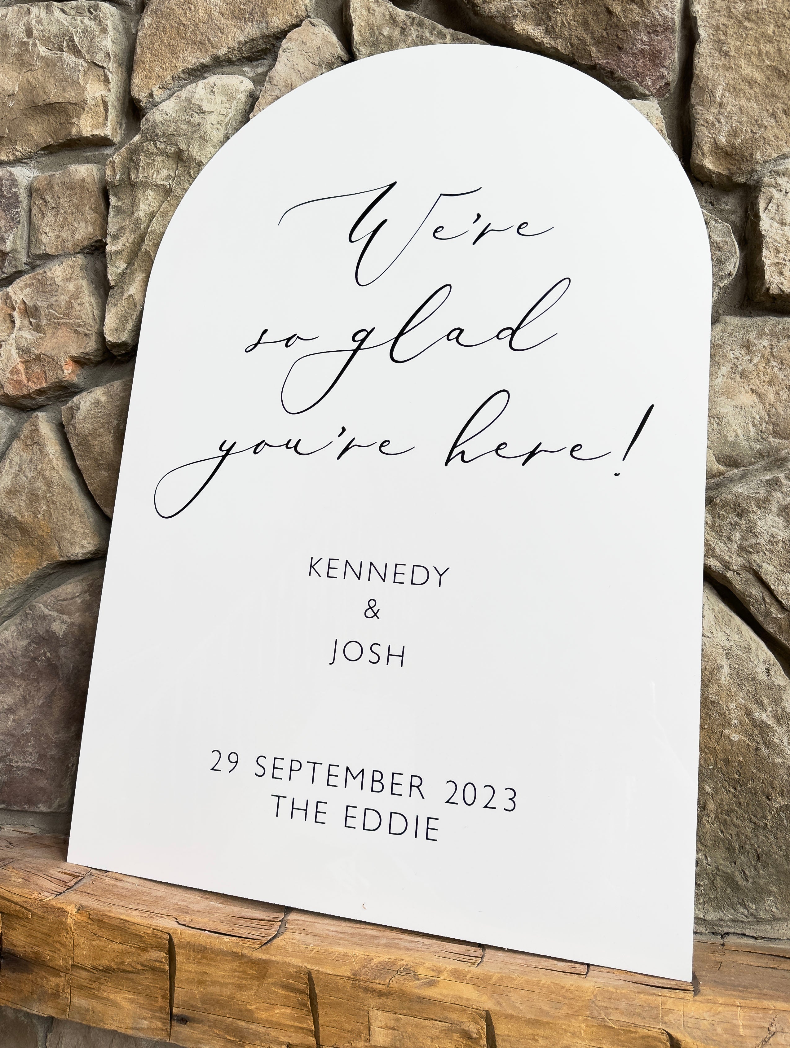 🤍 The Kennedy Collection — Arched Acrylic We're So Glad You're Here Sign