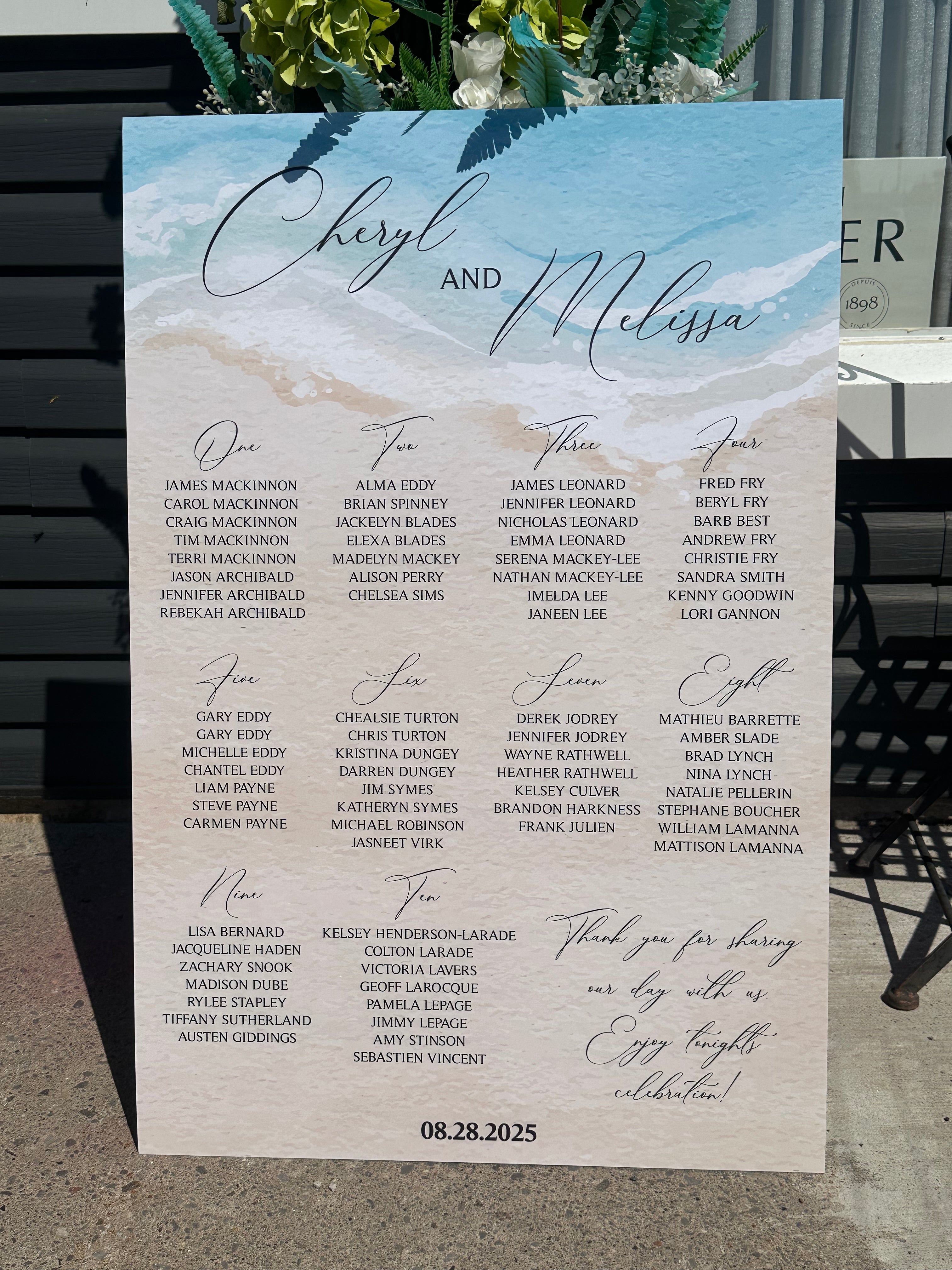 🌊 Coastal Wedding Seating Chart – 24" x 36" Foamboard