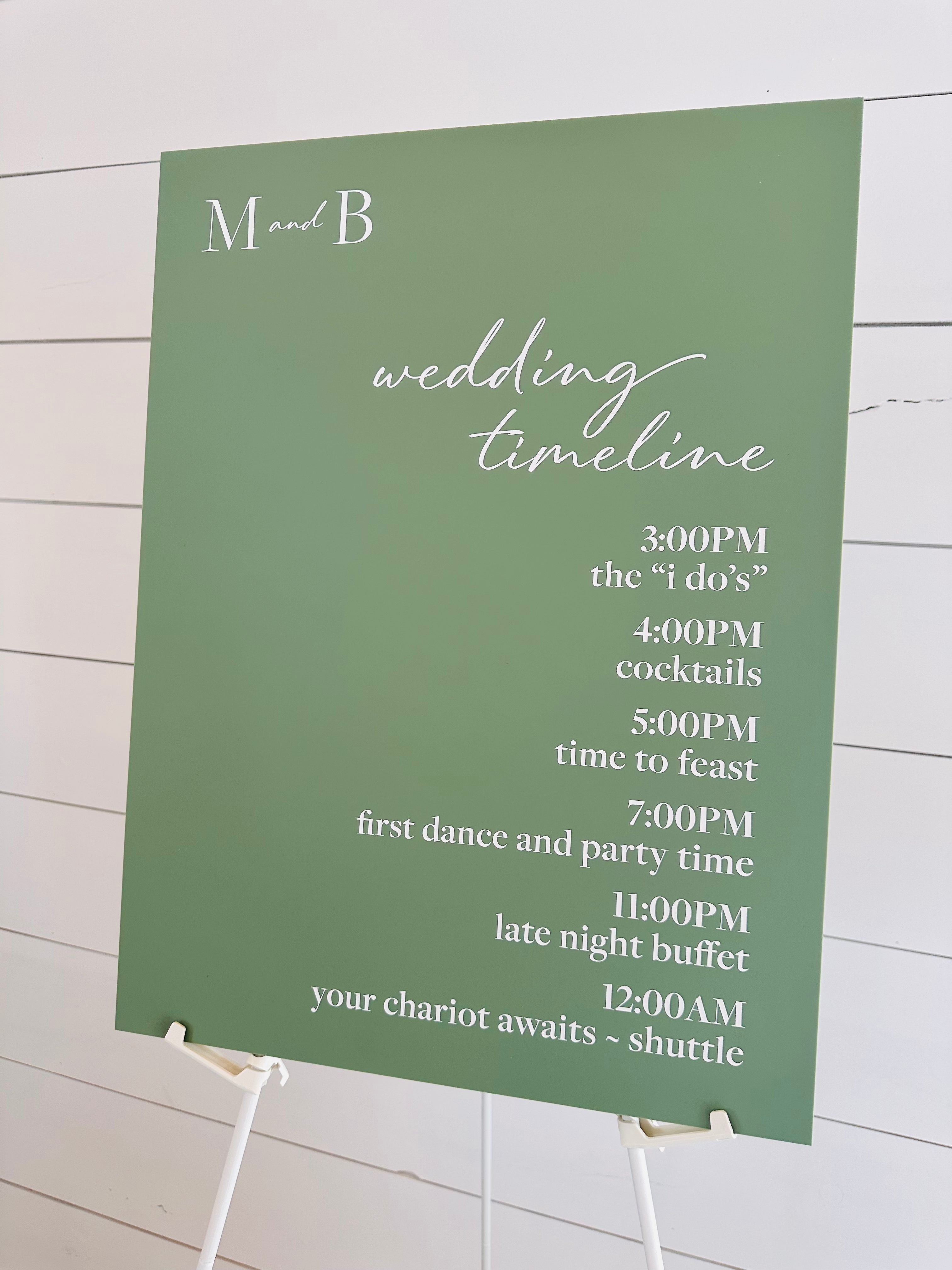 🌿 Sage Acrylic Wedding Timeline Sign — Custom Order 18" x 24"
