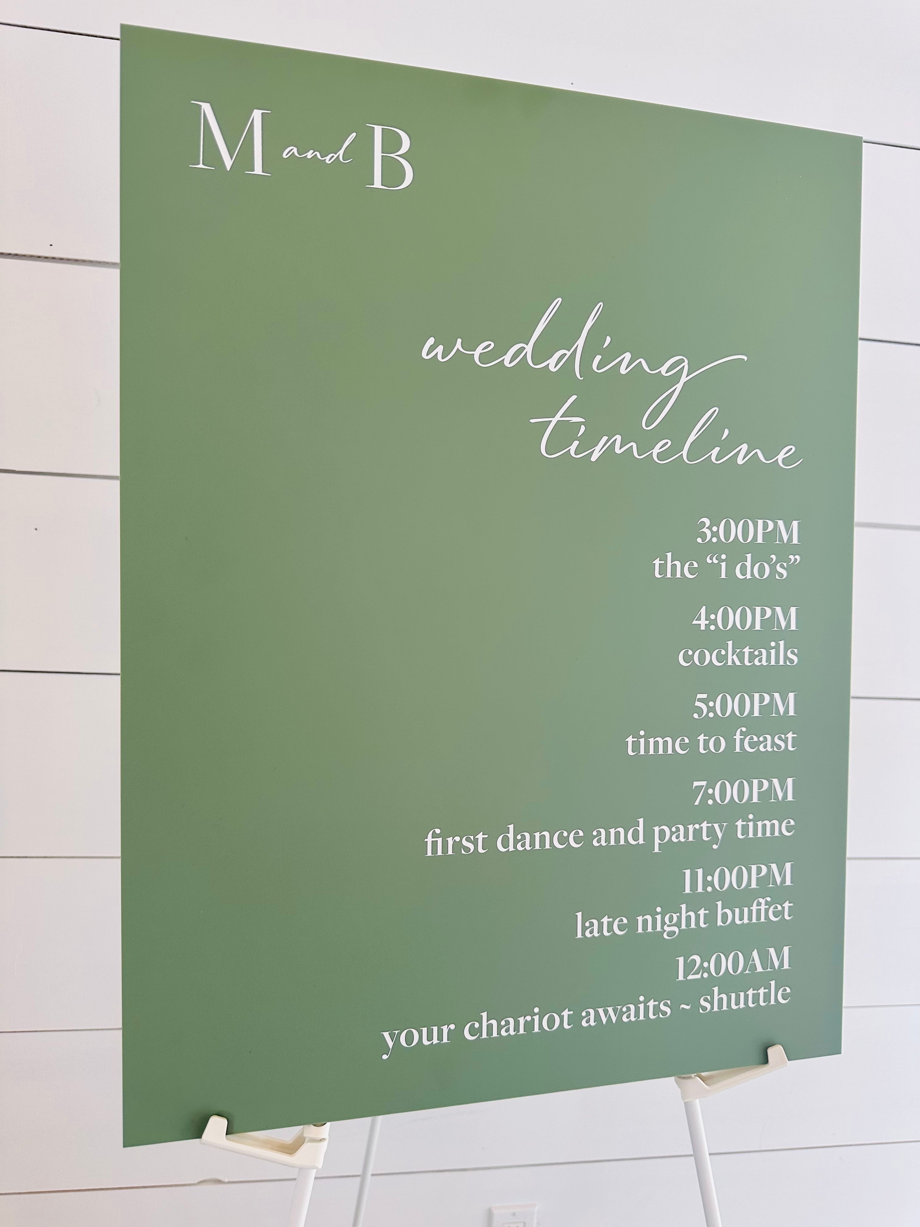 🌿 Sage Acrylic Wedding Timeline Sign — Custom Order 18" x 24"