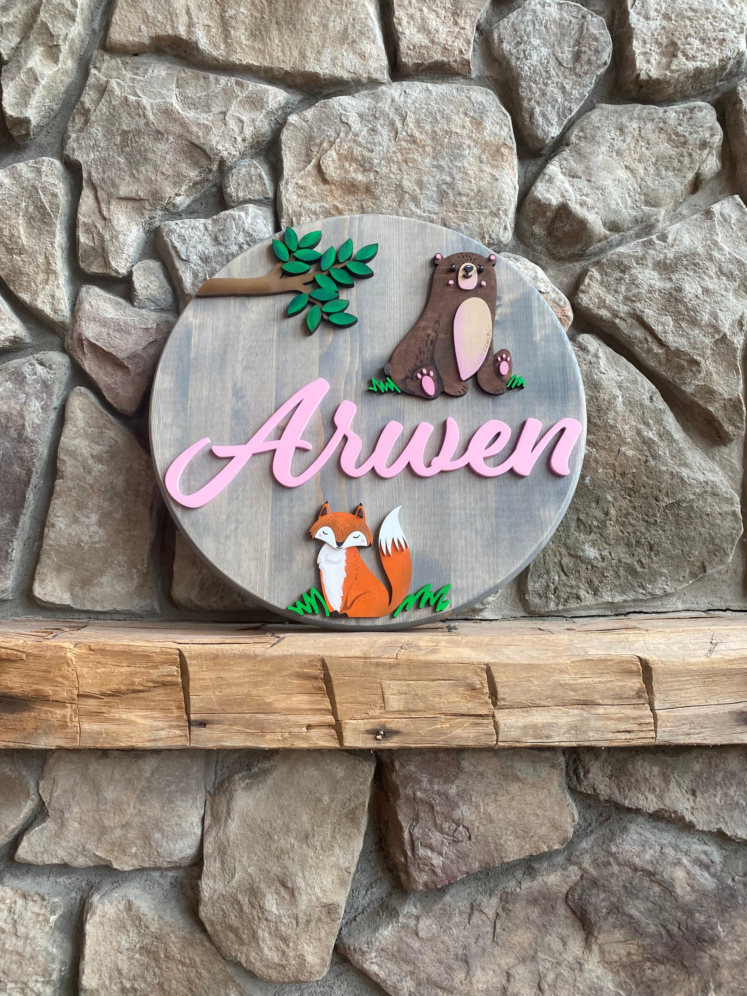 Baby Bear and Fox Name Sign 18"