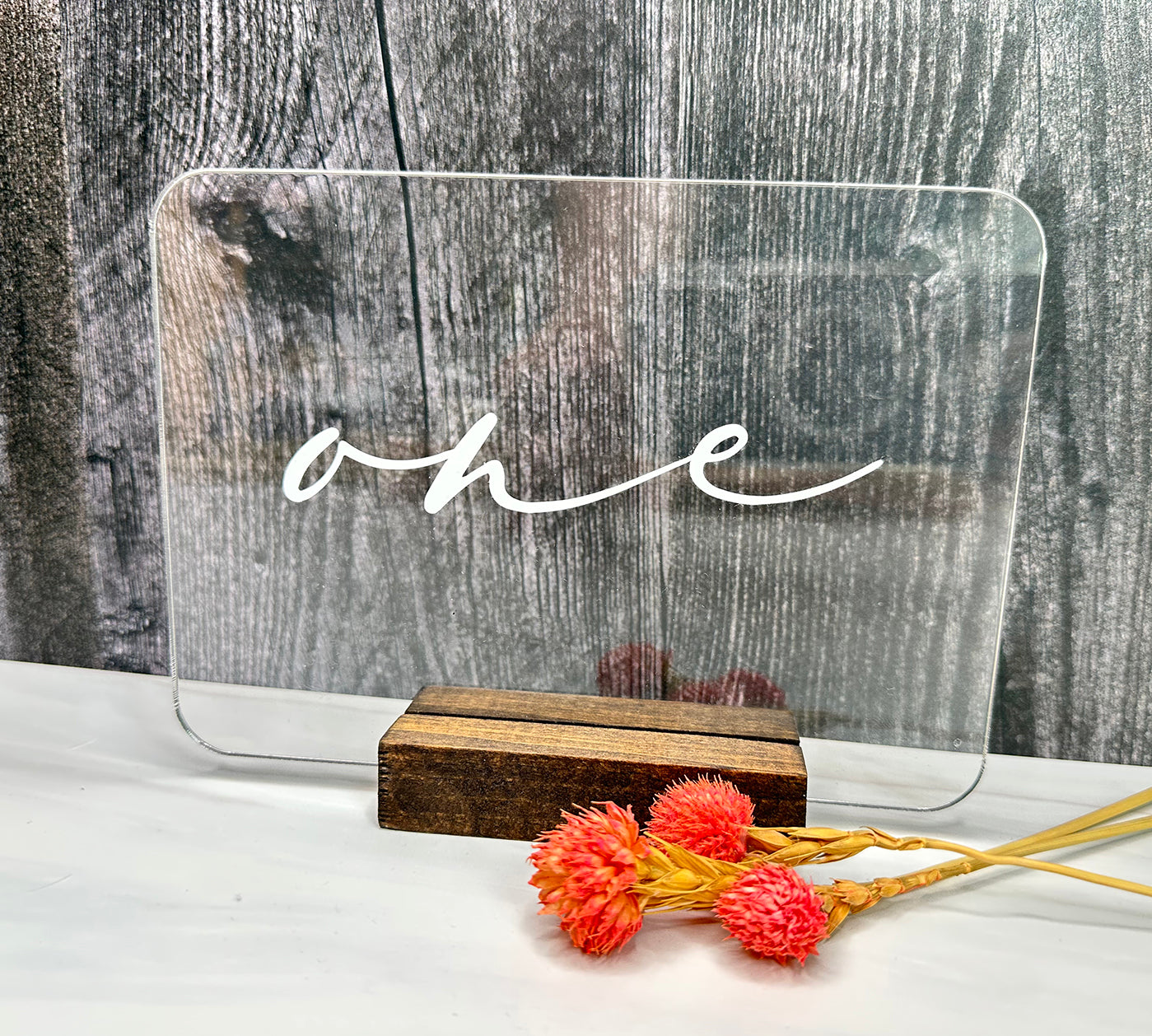 Clear Acrylic Custom Painted Table Number with Wood Base