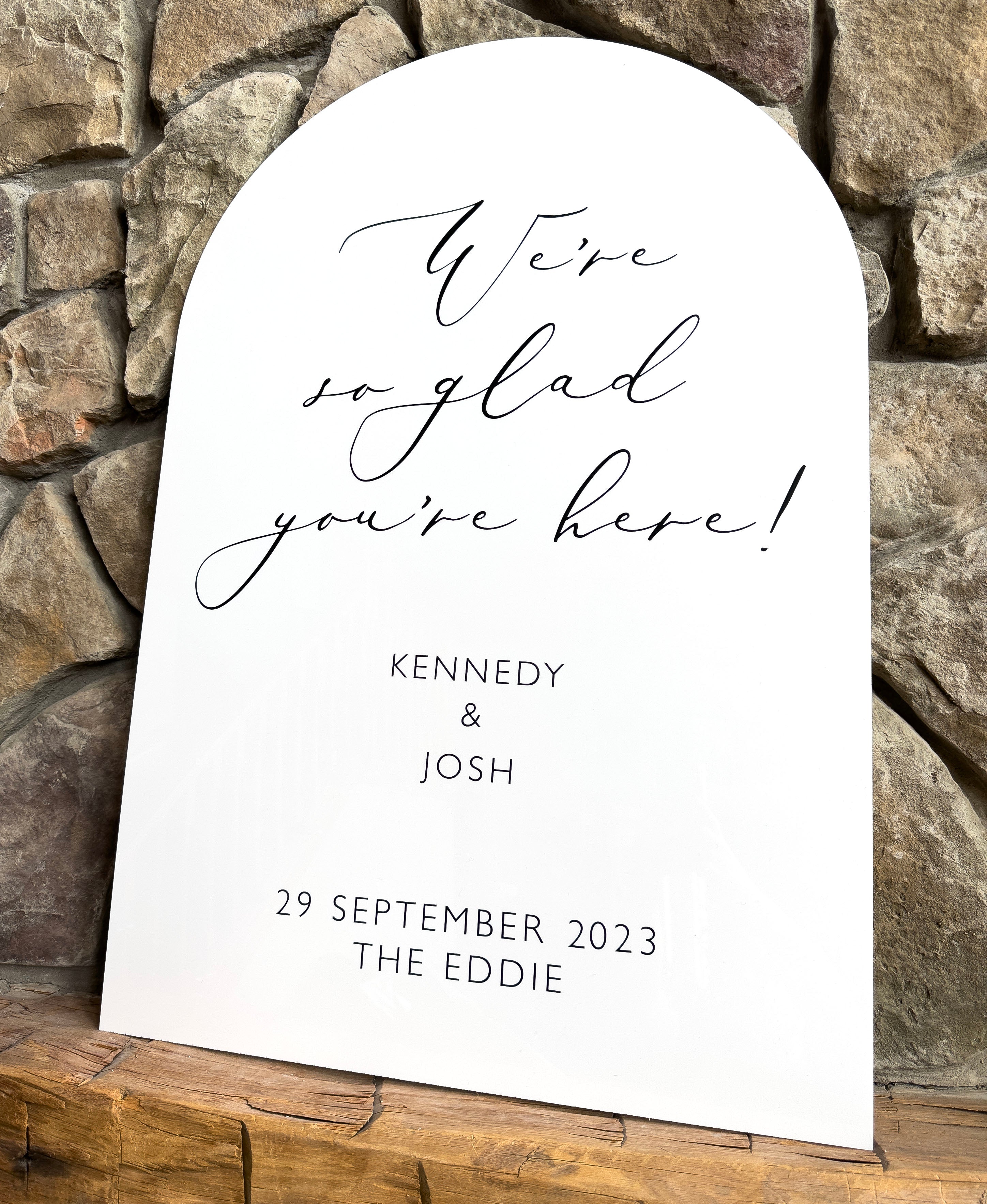 🤍 The Kennedy Collection — Arched Acrylic We're So Glad You're Here Sign