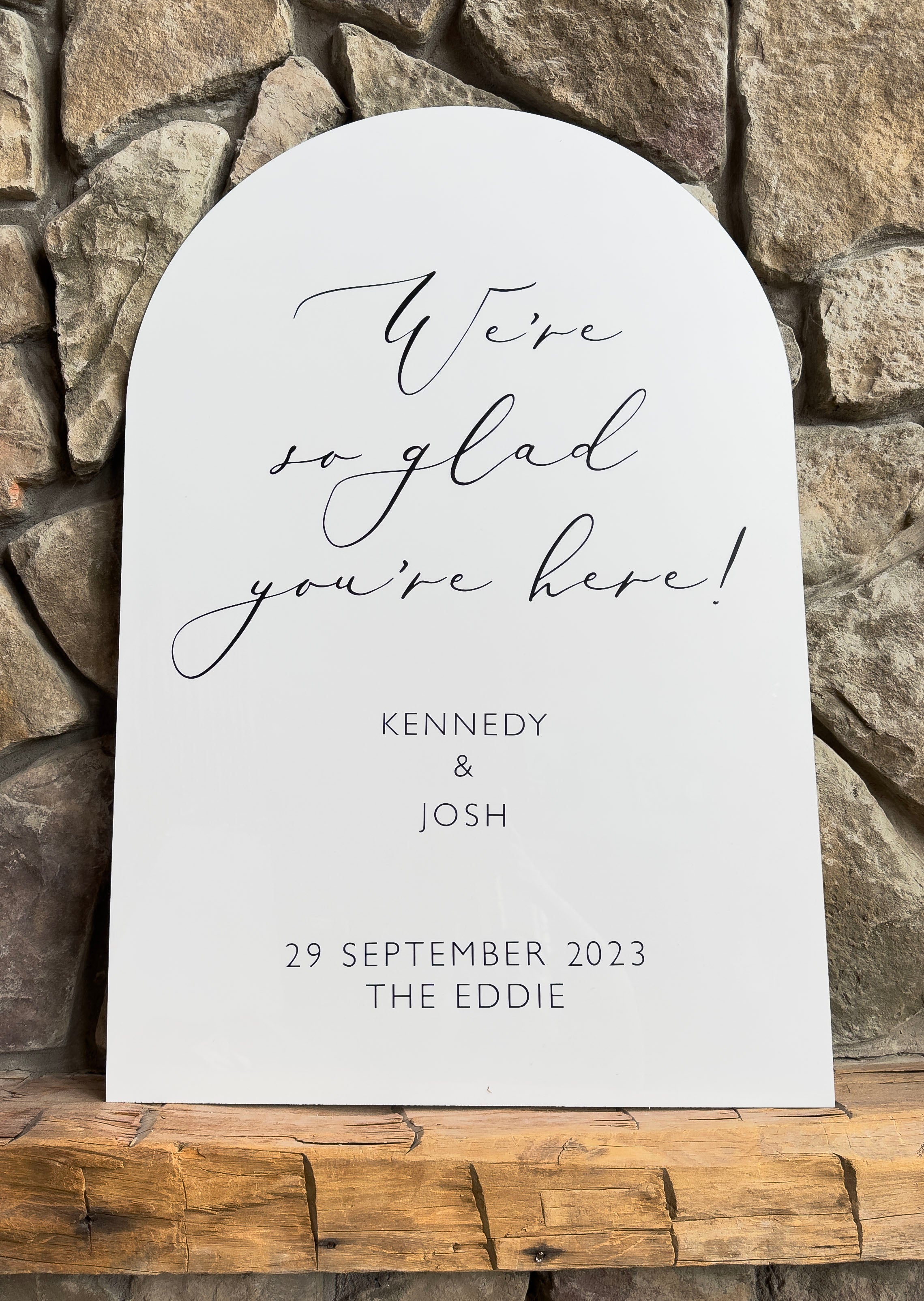 🤍 The Kennedy Collection — Arched Acrylic We're So Glad You're Here Sign