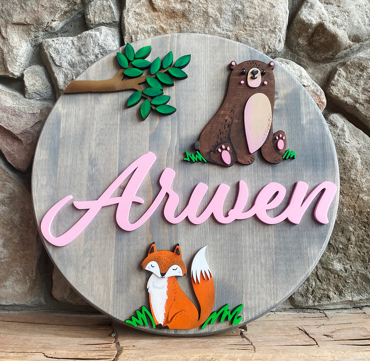 Baby Bear and Fox Name Sign 18"