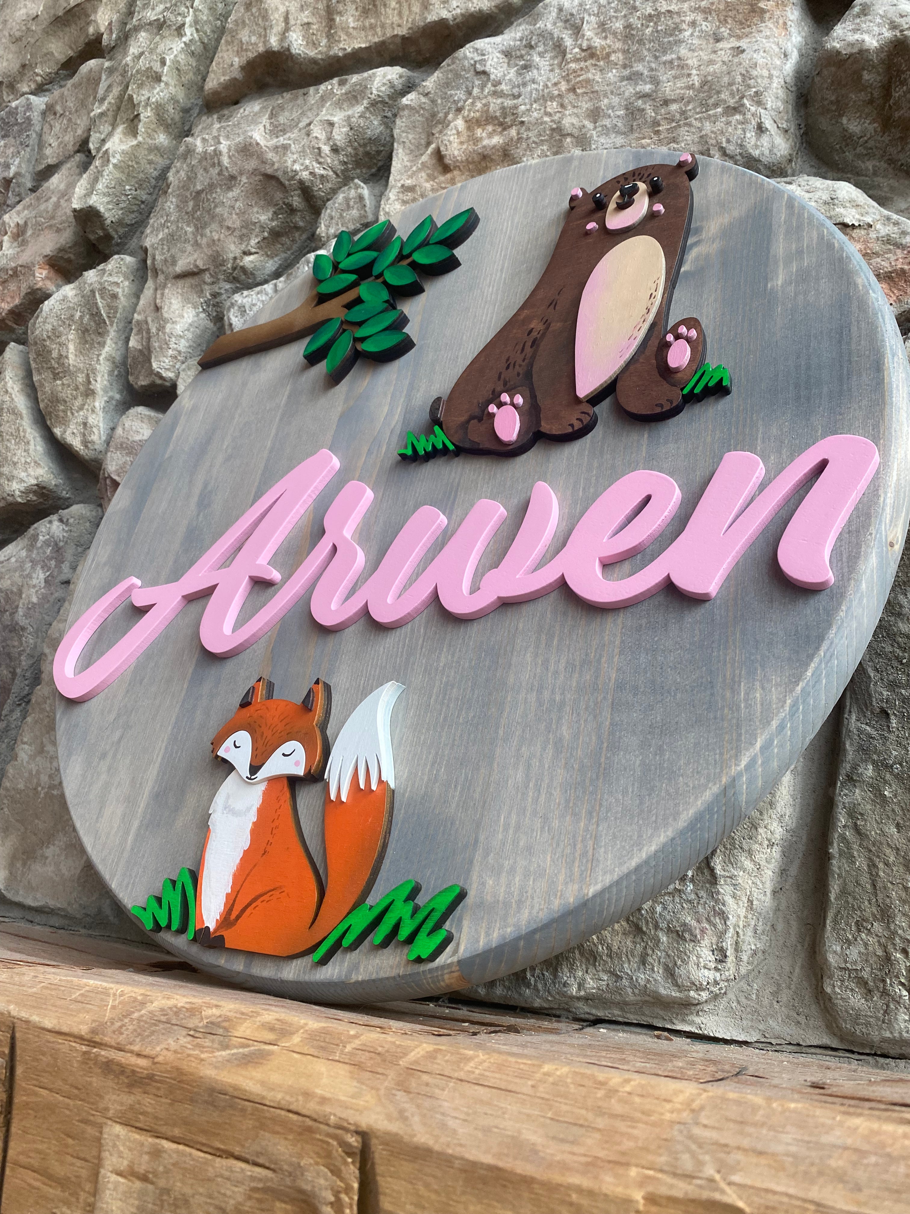 Baby Bear and Fox Name Sign 18"