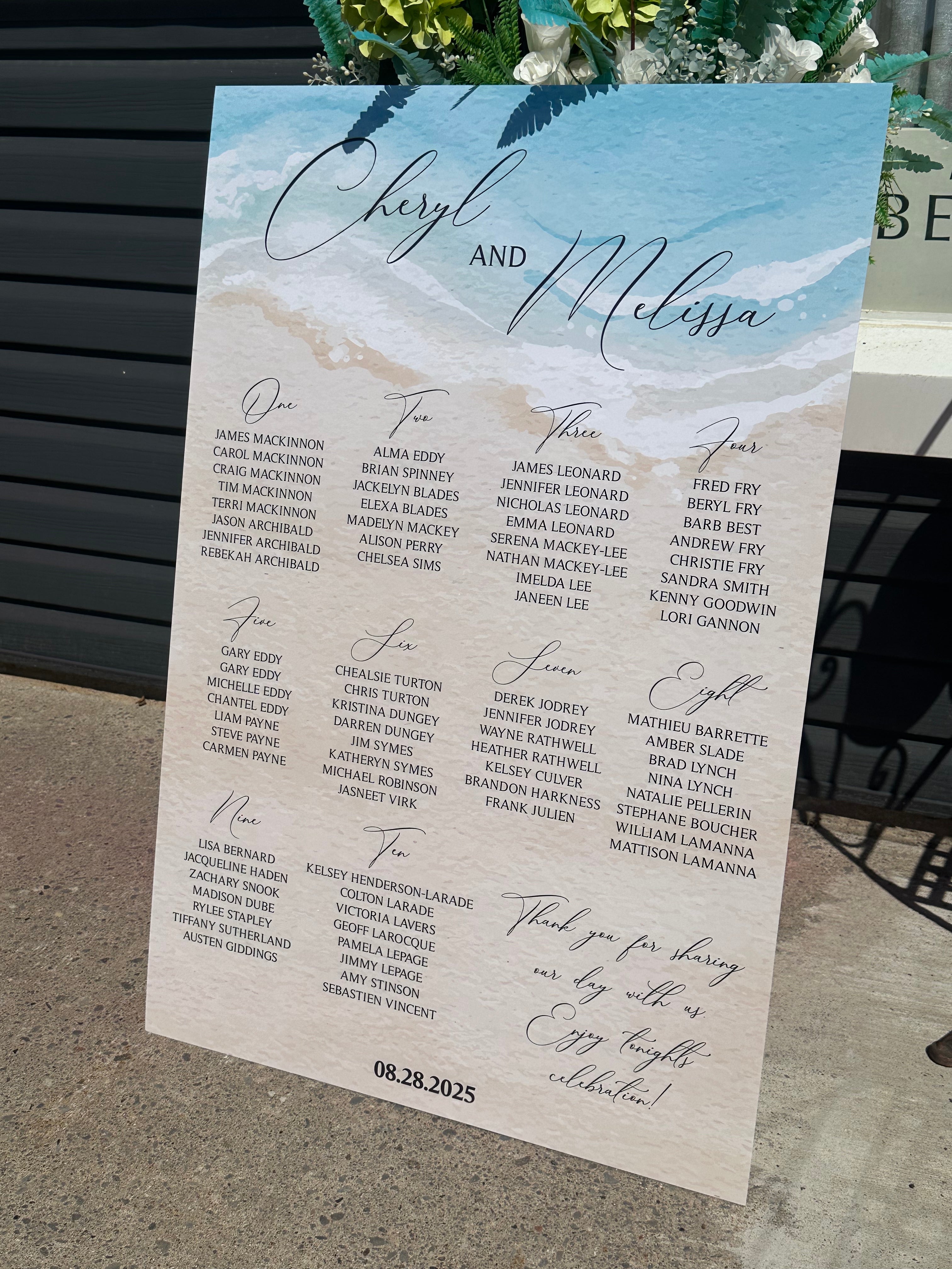 🌊 Coastal Wedding Seating Chart – 24" x 36" Foamboard