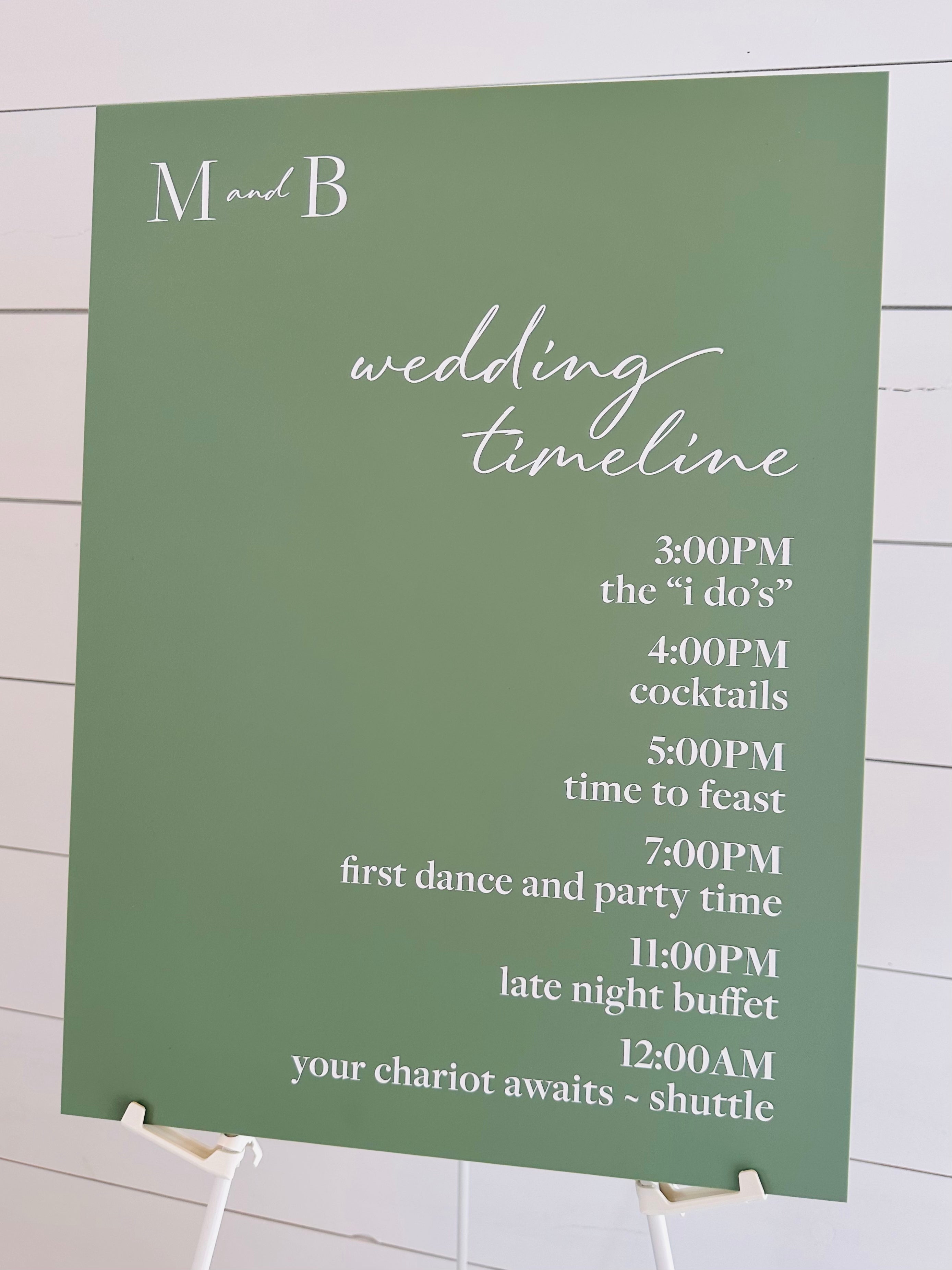 🌿 Sage Acrylic Wedding Timeline Sign — Custom Order 18" x 24"